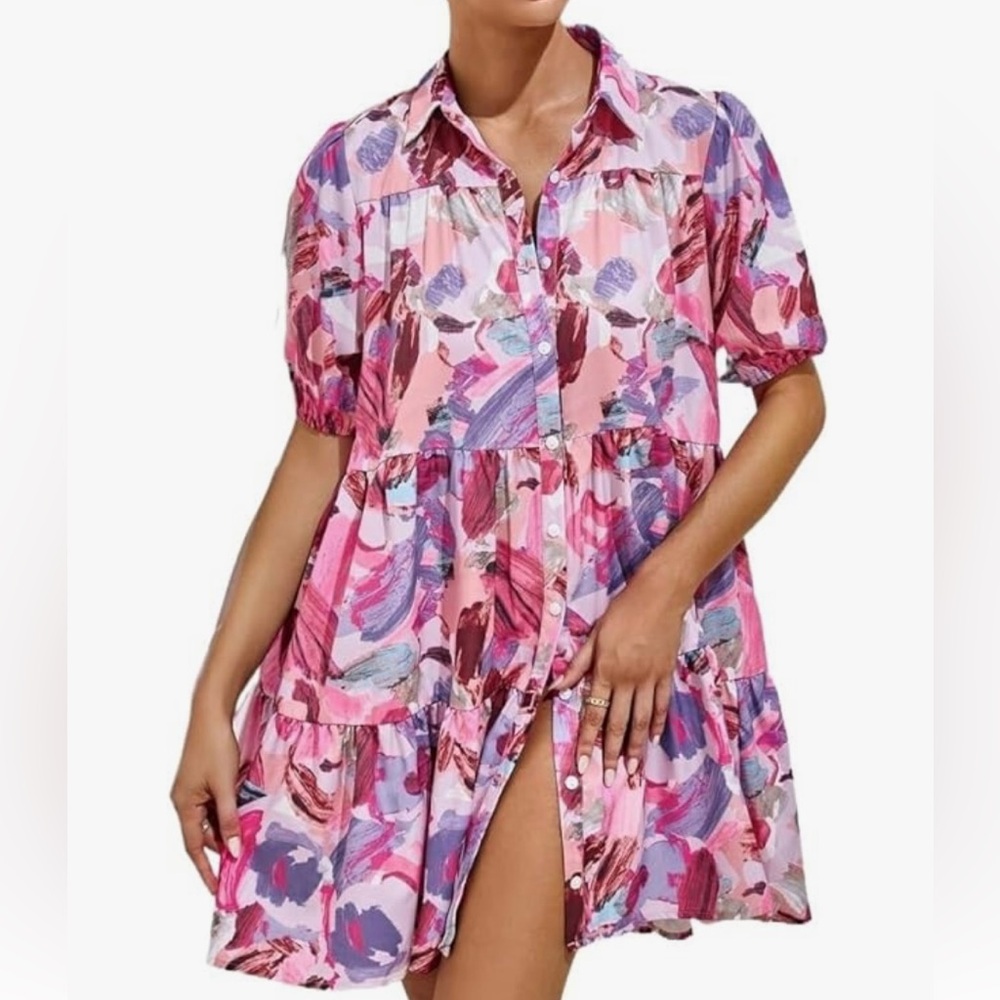 Pink multi colored Floral  Ruffle Hem Smock Dress,baby doll dress,Large,New